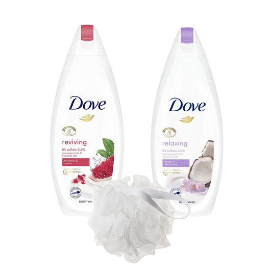 Set cadou 3 produse Dove  gel de dus refresh reviving 225 ml, gel de dus relaxing 225 ml si puf de baie